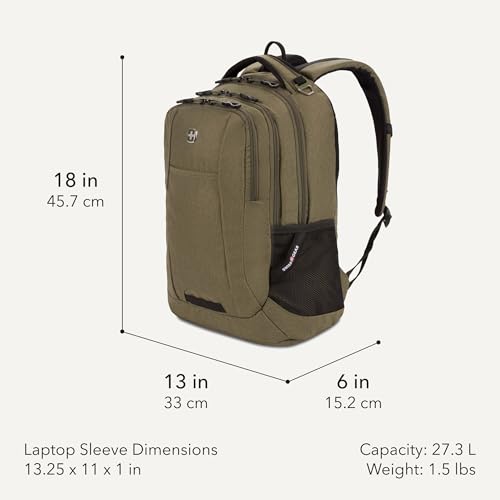 SwissGear 5505 Cecil 16” Laptop Backpack Olive – Daily Laptop Bag with Gear Attachment Options – Multiple Organizer Pockets & Padded Shoulder Straps - color: Olive