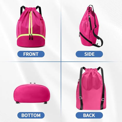 Drawstring Backpack Gym Bag with Shoe Compartment - Ideal for Basketball, Swimming, Beach Activities, Unisex - color: Rose Red
