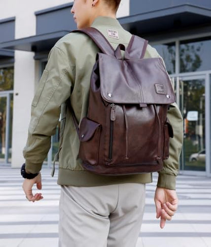 Soft leather backpack, casual PU backpack men women. USB charging port. Suitable for work, commuting, traveling, etc. Waterproof. (Brown) - color: Brown
