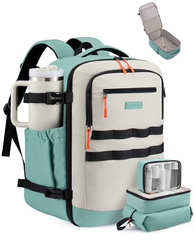 LOVEVOOK 40L Travel Backpack for Women & Men, TSA Approved Carry On Backpack with 3 Packing Cubes, Waterproof Personal Item Bag Fits 17" Laptop, Weekender Essentials Overnight Backpack for Trip - color: Green & White, size: 40L-4PCS
