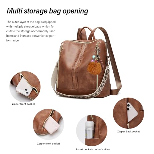 Makes Backpack Purse for Women PU Leather Travel Satchel Handbag Convertible Design Bag with Purse - color: Brown Quadruple Zipper