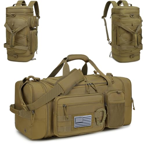 3 in 1 Tactical Gym Bag Backpack for Men 40-45L Expandable Travel Duffle Bag for Women Military Sport Duffel Bags Weekend Overnight with Shoe Compartment & Wet Pocket for Fitness, Brown - color: Brown