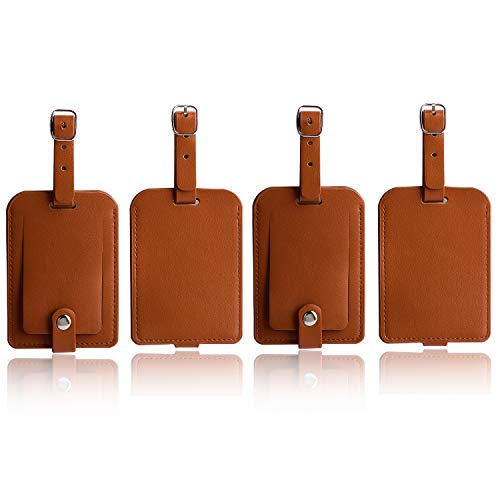 Luggage Bag Tags Leather Travel ID Labels Suitcase Name Tags with Snap - color: Pu Brown 4 Pack