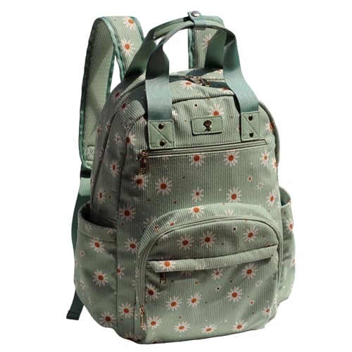 ESVAN Diaper Bag Backpack, Large Capacity Multifunction Baby Essentials Fashion Travel Pack Linen Canvas office Laptop Bag (Corduroy Matcha Daisy) - color: Corduroy Matcha Daisy