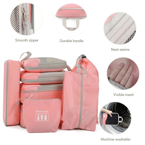 Compression Packing Cubes 8 Set, Dual Zipper Compression Packing Cubes for Travel, See-Through Mesh Packing Bags for Suitcases, Compression Travel Cubes with Shoe Bag (Pink) - color: 8 Set Pink
