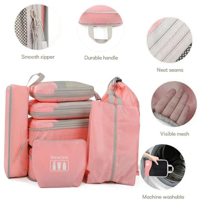 Compression Packing Cubes 8 Set, Dual Zipper Compression Packing Cubes for Travel, See-Through Mesh Packing Bags for Suitcases, Compression Travel Cubes with Shoe Bag (Pink) - color: 8 Set Pink