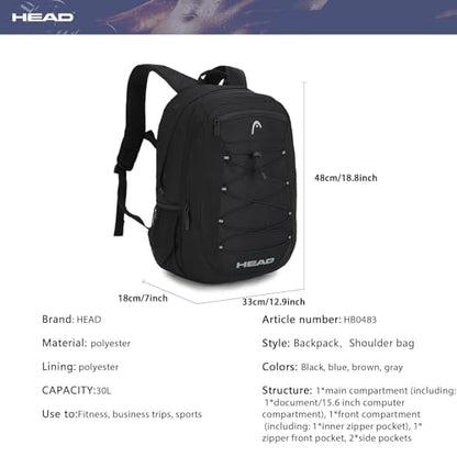 HEAD 30L Waterproof Drone String Travel Backpack for Men, Lightweight Laptop Backpack Fits 15.6 inch Notebook, Casual Daypack Carry On Backpack for College/Gym/Outdoor/Daily Use/Commute, TSA Friendly - color: Black