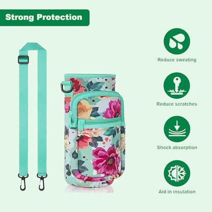 Water Bottle Holder with Strap, Insulated Crossbody Sling Bag, Carrier with Phone Pocket for Walking Hiking Camping Fishing - color: Flower Green, size: 40oz