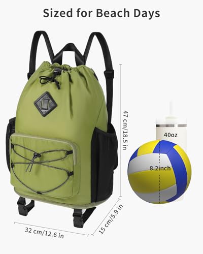 WANDF Drawstring Backpack with Removable Wet Pocket, Sandproof Beach Backpack with Bottom Compression Strap for Beach Mat, Swim Bag for Pool, Gym, Travel and Workout Gear (Dark Green) - color: Dark Green