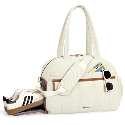 Gym Bag for Women, Puffer Travel Duffle Bag With Shoes Compartment & Wet Pocket, Carry On Tote Bag For Weekender, Overnight, Sport duffel bags for traveling (shallow cream-colored, Medium) - color: shallow cream-colored, size: Medium