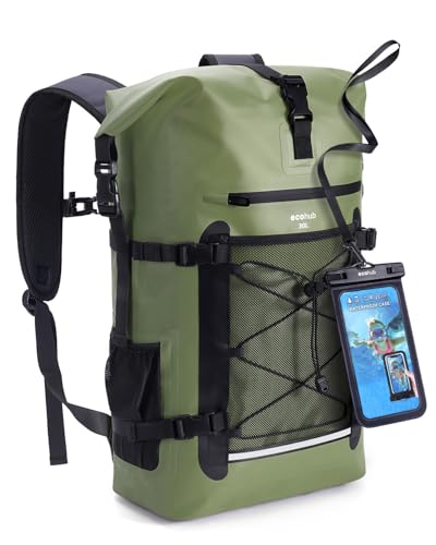 ECOHUB Waterproof Backpack for Women Men, 30L Roll-Top Closure Heavy Duty Dry Bag for Travel with IPX8 Waterproof Phone Case - color: Green