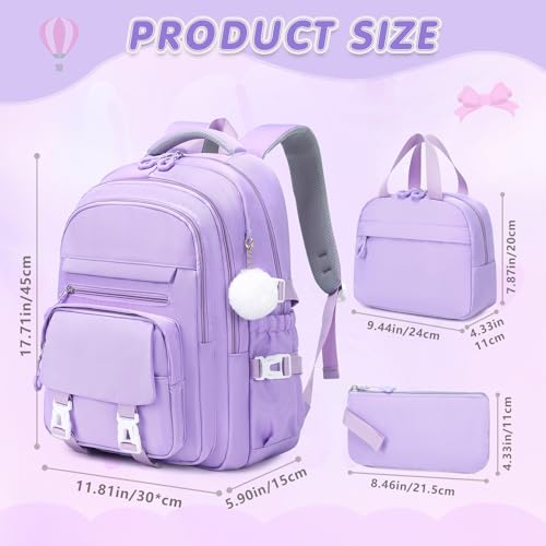 GeeWin Girls Backpack, 15.6" Laptop Backpack Schoolbag for Girls Teens Kid Children Elementary Middle School Student, Waterproof Stylish Girl Bookbag with Insulated Lunch Bag & Pencil Bag (Purple) - color: Purple Buckle