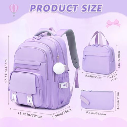 GeeWin Girls Backpack, 15.6" Laptop Backpack Schoolbag for Girls Teens Kid Children Elementary Middle School Student, Waterproof Stylish Girl Bookbag with Insulated Lunch Bag & Pencil Bag (Purple) - color: Purple Buckle