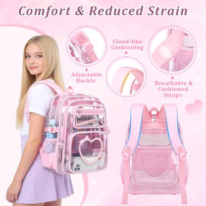 Clear Backpack for School Girls, Cute Heavy Duty PVC Transparent Bookbag, See-Through Bag for Stadium Event Pink - color: Pink