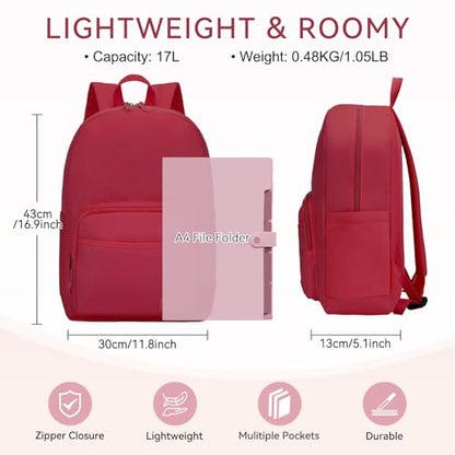 VASCHY School Backpacks, Lightweight Bookbag Schoolbag for Girls Casual Basic Simple Daypack for Women Red - color: Red