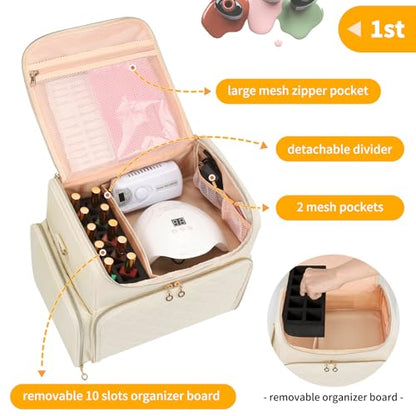 CUBETASTIC Extra Large Nail Polish Organizer Case Holds 86 to 100+ Bottles Nail Polish & Nail Lamp, Nail Supplies Storage Carrying Bag with 2 Removable Pouches - color: Beige