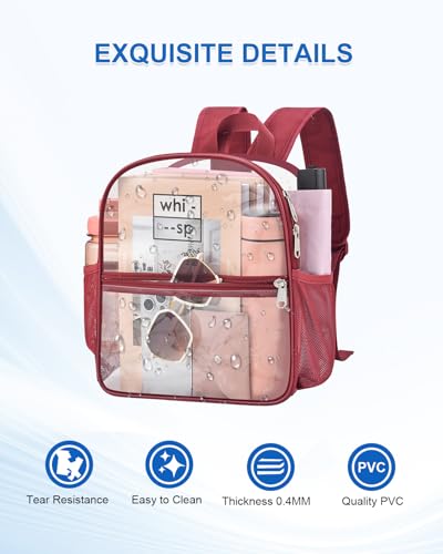Clear Backpack for Stadium Events, 12x12x6 Small Clear Plastic bag with Reinforced Straps for Game Security Festival Concert - color: Rose Red
