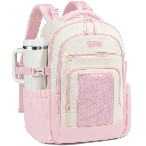 LOVEVOOK Laptop Backpack for Women with Large Cup Holder,15.6 Inch Work Computer Bag with Chest Buckle Back Pad Shoulder Buckle,Waterproof Business Backpack College Teacher Bag for Gift Travel - color: Off White-light-pink, size: 15.6 Inch