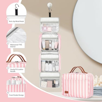 Bosidu Hanging Travel Toiletry Bag,Large Capacity Cosmetic Travel Toiletry Organizer for Women with 4 Compartments & 1 Sturdy Hook,Perfect for Travel/Daily Use/Christmas - color: M-light pink