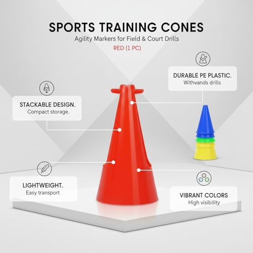 Red PE Plastic Agility Cones for Sports Training, Stackable Field Markers for Soccer and Basketball Drills - size: 3.94 x 3.94 x 7.87"