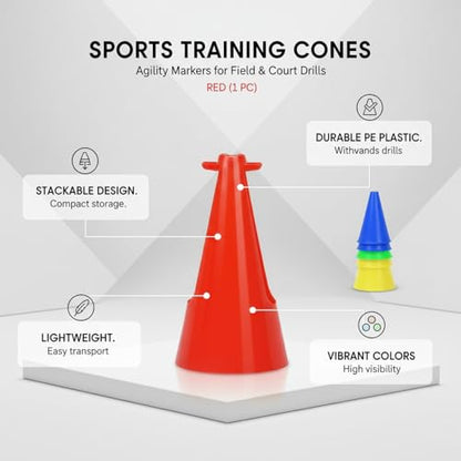 Red PE Plastic Agility Cones for Sports Training, Stackable Field Markers for Soccer and Basketball Drills - size: 3.94 x 3.94 x 7.87"