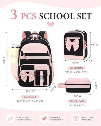 CAMTOP Girls Backpack with Lunch Box & Pencil Case Set, School Backpack for Girls with Large Water Bottle Holder Straps, Waterproof Kids Backpack, Cute Bookbag for Elementary School & Travel - color: Black Pink