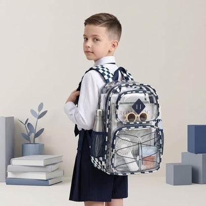 Clear Backpacks for Girls Women, Heavy Duty PVC Transparent Back Pack See Through Boys Kids Clear Bookbags for School Checkered Navy Blue - color: Checkered Navy Blue