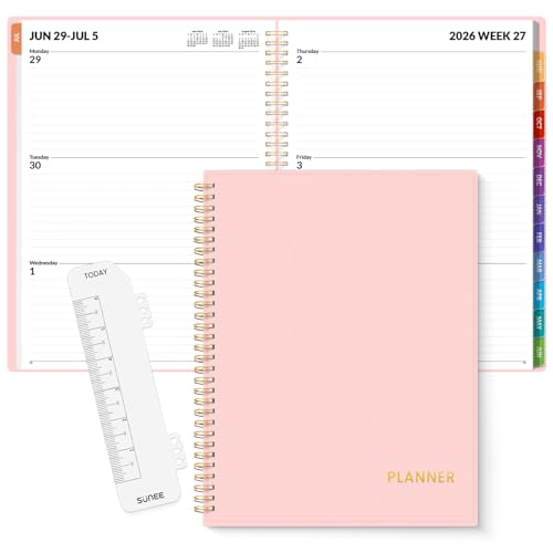 SUNEE Academic Planner 2026-2027 – Weekly & Monthly Planner, July 2026 to June 2027, 8.5"x11", Thick Paper, Tabs, Pockets, Bookmark, Spiral-Bound, Student Teacher Organizer, Pink - color: Pink