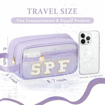 COSHAYSOO Clear Sunscreen Bag Makeup Toiletries Pouch Beach Vacation Essentials Summer Travel Stuff Accessories Personalized Graduation Gifts for Her Women College Teen Girls Teacher Nurse Purple SPF - color: Purple-SPF