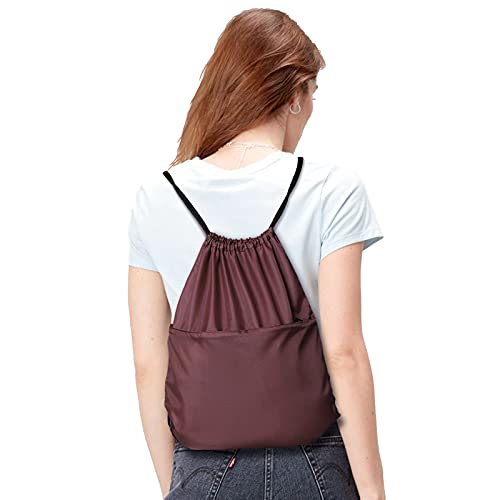 Drawstring Backpack Sports Water Resistant String Bag Sport Gym Sackpack for Women Men Large with Zipper, Burgundy - color: Burgundy