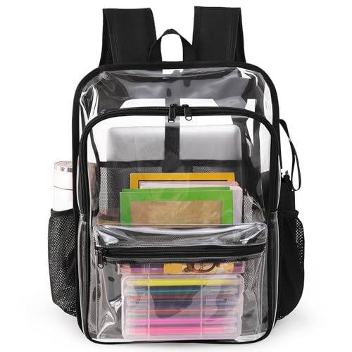 Clear Backpack,15.5 '' Clear Backpacks for School Heavy Duty PVC See Through Bag Waterproof Bookbag for Girls & Boys, Black - color: Black, size: Large-15.5in