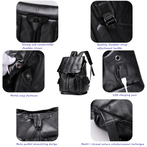 Soft leather backpack, casual PU backpack men women. USB charging port. Suitable for work, commuting, traveling, etc. Waterproof. (Black) - color: Black