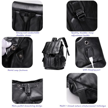 Soft leather backpack, casual PU backpack men women. USB charging port. Suitable for work, commuting, traveling, etc. Waterproof. (Black) - color: Black