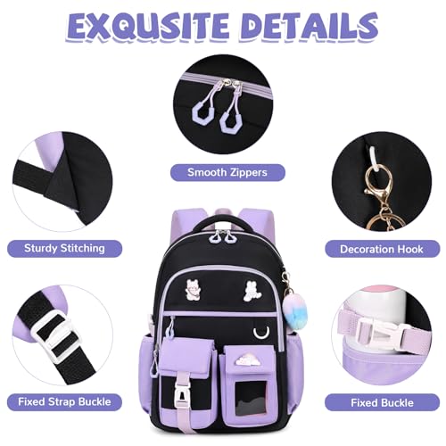 Girls Backpack, Lightweight Kids Backpack Kawaii School Backpacks Bookbag for Primary Elementary School,Age 6-14 years,Green Match Purple(Luggage Strap Ver) - color: 1pc-black & Purple(luggage Strap Ver)
