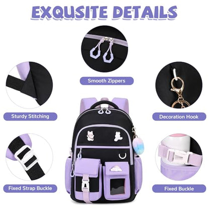 Girls Backpack, Lightweight Kids Backpack Kawaii School Backpacks Bookbag for Primary Elementary School,Age 6-14 years,Green Match Purple(Luggage Strap Ver) - color: 1pc-black & Purple(luggage Strap Ver)