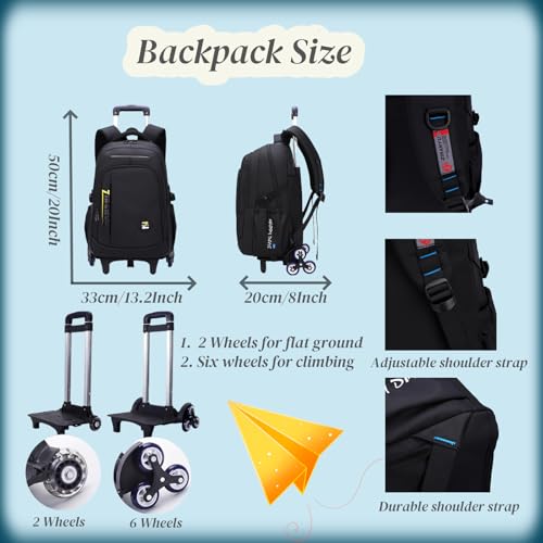 VIDOSCLA Black Kids Boys Rolling Backpack Teens Carry-on Luggage with Wheels Trolly BookBag for School-2 Wheels - color: A1# Black-2 Wheels, style: A1# 2 Wheels