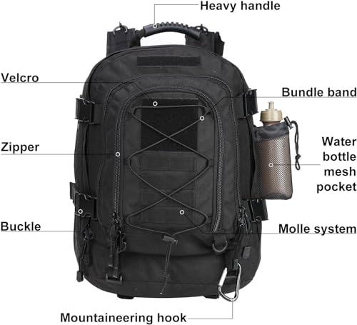 Expandable 40-64L Military Tactical Backpack 3 Day Bag Hiking Gym Sport Camping - color: Black