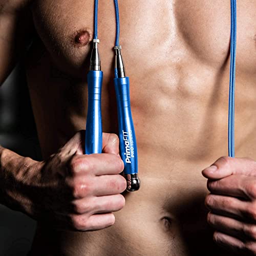 PrimaFIT Jump Rope Pro Speed Skipping Rope Adjustable Adult Jumping Rope Weighted Aluminium Handles for Double Dutch Boxing Workout Crossfit Exercise Fitness Spare Cable Weights Protectors Carry Bag - color: Blue