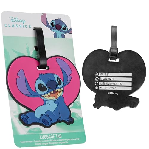 Disney Luggage Tags for Suitcases, Baggage Identification Tag for Travel with Name Address (Blue/Pink Stitch)