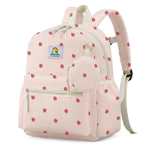 Corduroy Toddler Backpack for Girls 2-5: Strawberry Kids backpack for Girls - 13.5 inch Preschool Kindergarten Backpacks with Coin Purse - color: Pink-strawberry