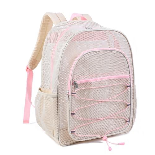 COVAX Mesh Backpack for School Heavy Duty Semi-Transparent Bookbags for Beach, Swimming, Sports, Work, Travel (Beige) - color: Beige