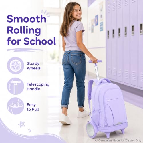 AGSDON Quiet Glide Rolling Backpack with Lunch Box Set - Large Wheel Water-Resistant Wheeled Bag for Business, Travel, and College | Lavender Purple 3-in-1 Organizer Backpack - color: Reflective Purple - Rolling Backpack