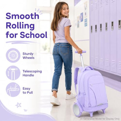 AGSDON Quiet Glide Rolling Backpack with Lunch Box Set - Large Wheel Water-Resistant Wheeled Bag for Business, Travel, and College | Lavender Purple 3-in-1 Organizer Backpack - color: Reflective Purple - Rolling Backpack
