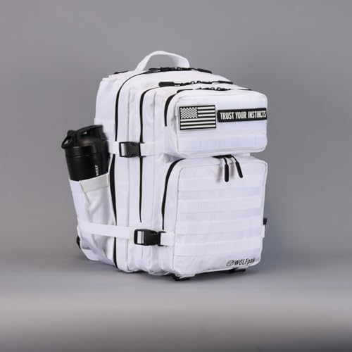WOLFpak 35L Tactical Gym Backpack (Polar White) Durable 1000D Waterproof Oxford Material with MOLLE Webbing, Laptop Pocket & Dual Cup Holders, Durable Fitness/Travel/Military Daypack - color: Polar White