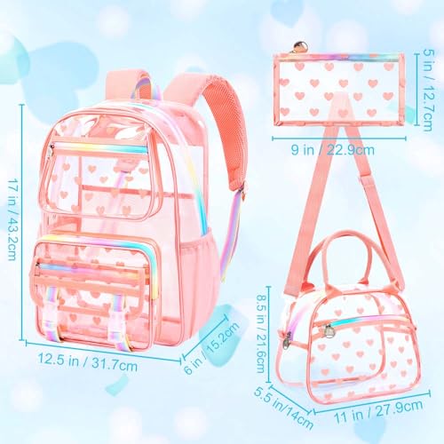 KLFVB 3PCS See Through Backpack Heavy Duty, Girls Clear School Bag Set, Cute Transparent Bookbag for Women - Heart Love Deep Pink - color: Heart Love Deep Pink Clear Backpack