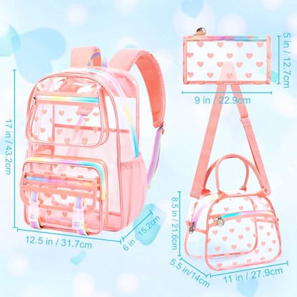 KLFVB 3PCS See Through Backpack Heavy Duty, Girls Clear School Bag Set, Cute Transparent Bookbag for Women - Heart Love Deep Pink - color: Heart Love Deep Pink Clear Backpack