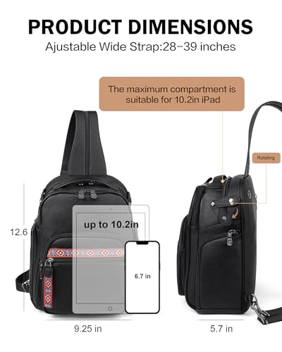 FADEON Large Sling Bag for Women, Designer Leather Crossbody Purse Convertible Sling Backpack, Anti Theft Daypack for Travel - color: Black Retro Style