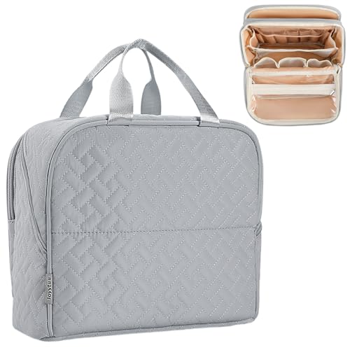 Makeup Bag, Stand up Large Capacity with Room for Brushes and Mirror, Travel Makeup Organizer, Portable Standing Make Up Case, Waterproof Cosmetic Toiletry Bags with Handle, Color Grey - color: Grey