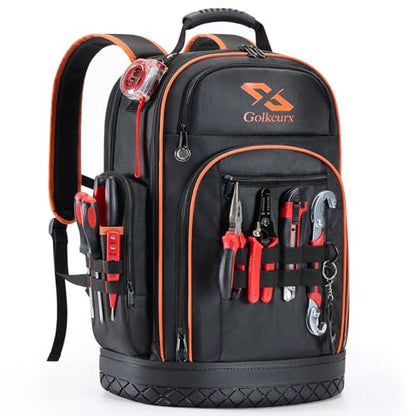Golkcurx Tool Backpack, Heavy Duty Backpack Tool Bag, 1680D Tools Carrier for Electrician, Durable and Molded Base