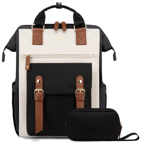 LOVEVOOK Laptop Backpack for Women, Teacher Bag Work Backpack Purse Laptop Computer Back Pack, Business Travel Backpack, Nursing College Book bag, 15.6inch, Black-Beige-Brown - color: Black-beige-brown, size: 15.6 Inch